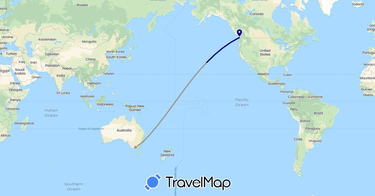 TravelMap itinerary: driving, plane in Australia, Canada, United States (North America, Oceania)